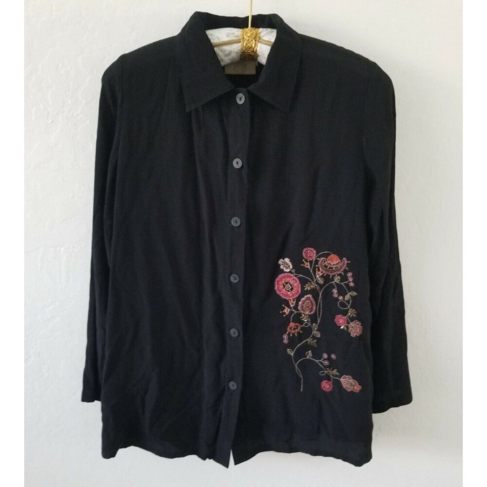 Asian Creations Womens Small Button Down Top Long Sleeve Floral Embroidery Black